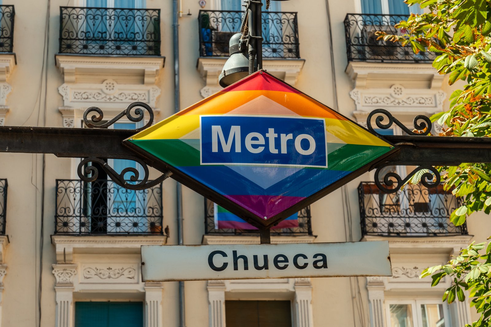 Metro Chueca sign in Pride colors