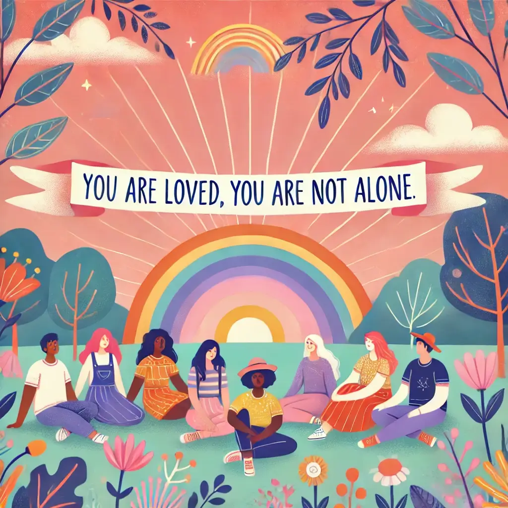 Dall·e 2024 12 03 08.52.46 A Vibrant And Uplifting Illustration Promoting Lgbtq Mental Health Awareness. The Artwork Features A Diverse Group Of Individuals From The Lgbtq Commu