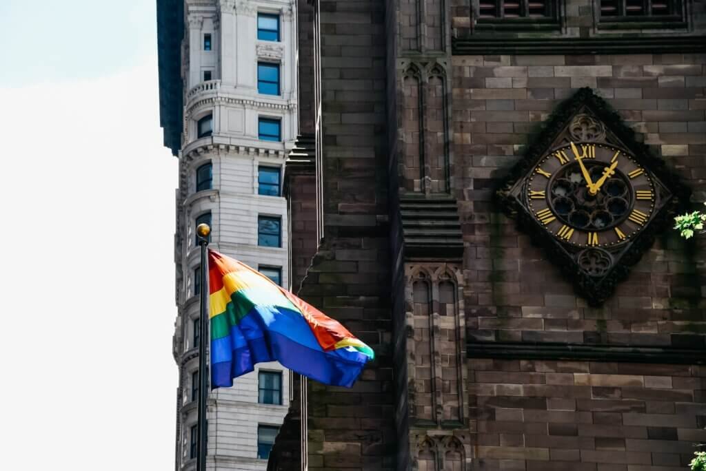 Rainbow Flag In Trinity Church In Financial District Of New York